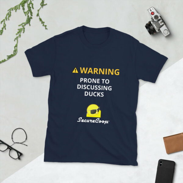 unisex-basic-softstyle-t-shirt-navy-5fecb0c28c8aa.jpg WARNING! Prone to Discussing Ducks Short-Sleeve Unisex T-Shirt